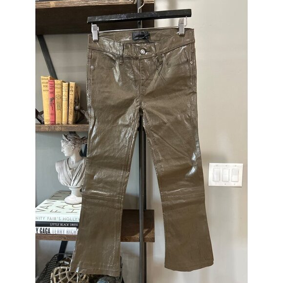 RTA Kiki Leather Flare Cropped Pants Platoon Olive Green Womens Size 26